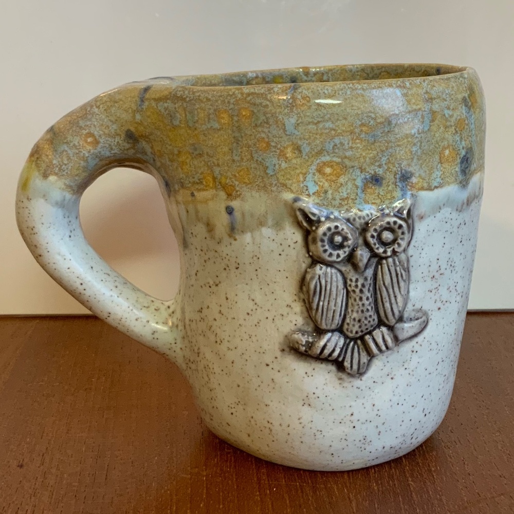 Ceramic mug “Grey Owl”. Coffee, tea time with art by Melanie Earle, Canada.